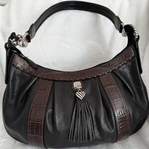 Brighton Black Leather Brown Croc Embossed Trim Hobo Shoulder Purse